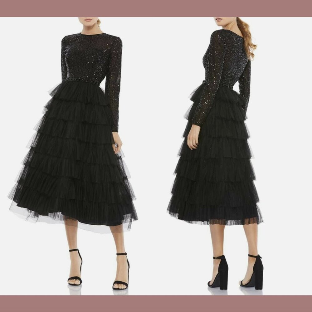 NWT $498 IEENA Mac Duggal [ 2 ] Long Sleeve Ruffle Tiered Midi Dress Black‎ Q560